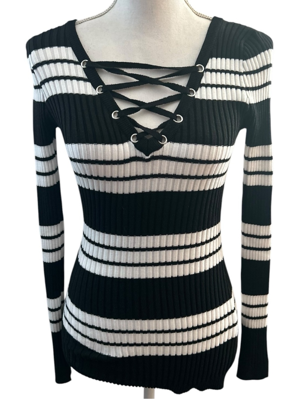 New Look Black & White Striped Lace-Up Ribbed Top